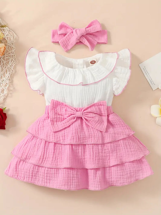 Vestido Blanco Con Rosado, Incluye Diadema