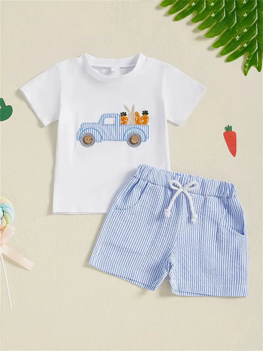 Conjunto Camisa Blanca de Carro y Short De Rayas Azul Para Bebé Niño