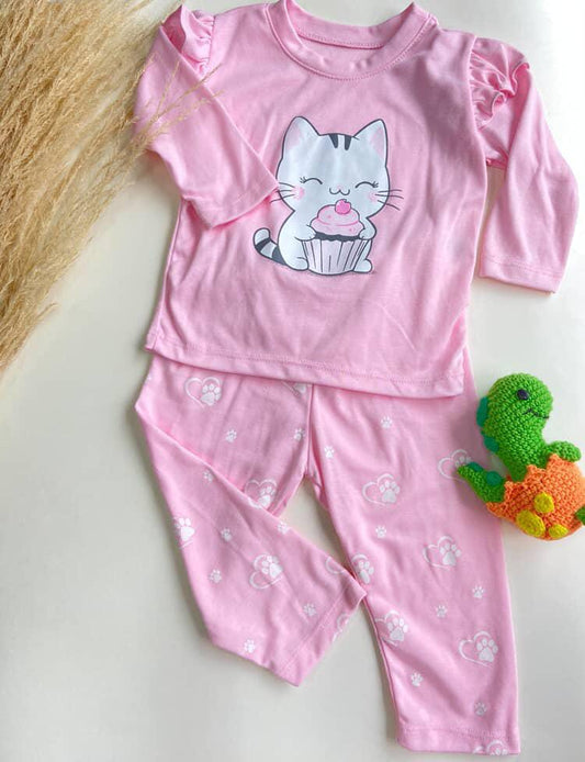 Pijama de 2 Piezas  Manga Larga de Gatico Rosada Para Bebé Niña