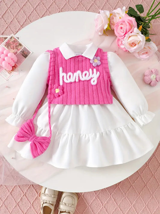 Vestido con Manga Larga y Chaleco Rosado