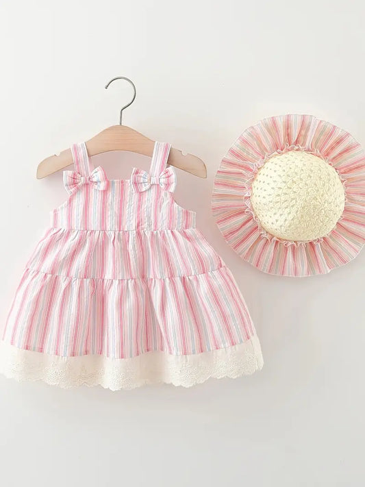 Vestido Rosado con Bordado y Sombrero