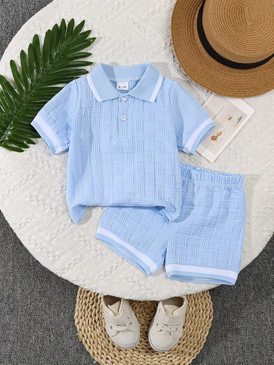 Conjunto  Celeste Con Camisa Cuello y Short Para Bebé Niño.