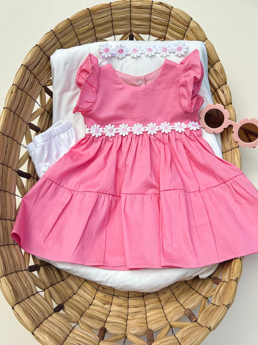 Vestido Rosado Con Cubre Pañal y Diadema