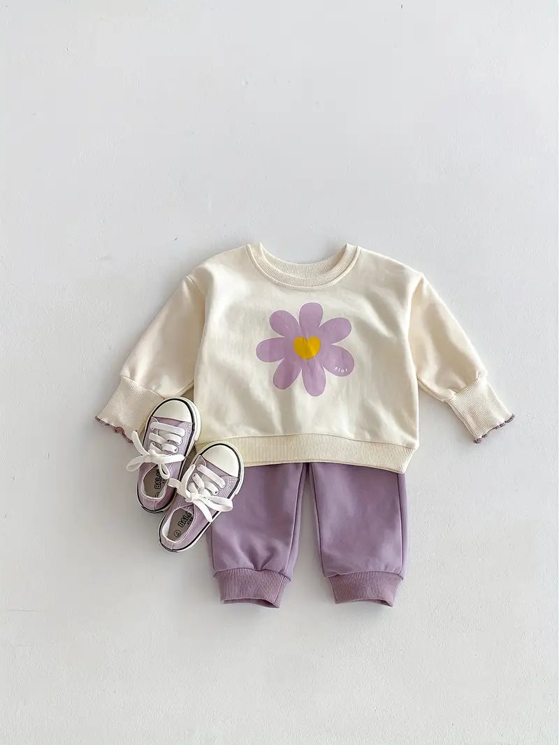 Conjunto 2 Piezas  Buzo y Pantalón Lila Con Beige Para Bebé Niña