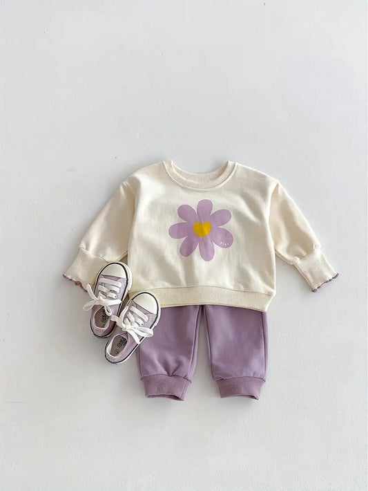 Conjunto 2 Piezas  Buzo y Pantalón Lila Con Beige Para Bebé Niña