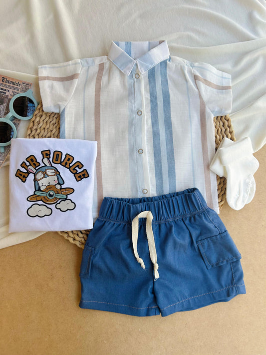 Conjunto De 3 Piezas, Short Azul  Con Camiseta y Camisa de Rayas de Botones y Cuello