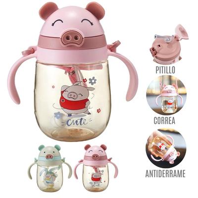 Vaso Pitillo Cerdito  Antiderrame Rosado y verde Para Bebé